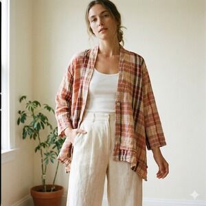 Banana Blue Top Womens Large Orange Red Linen Plaid Cardigan Made in Australia